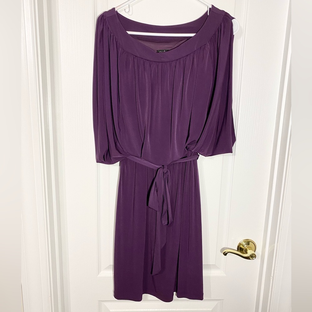 NEW Y2K Wide Neck Split Dolman Sleeve Belted Stretch Dress Purple Size 8
